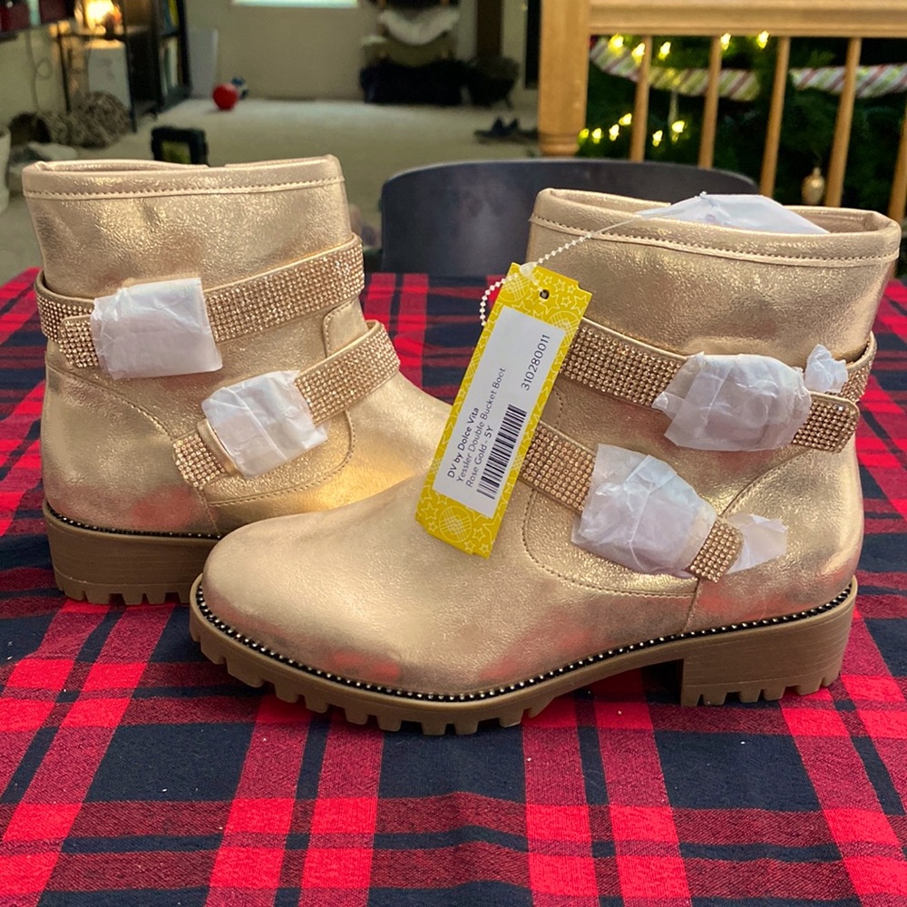 Stitch Fix Miss! Rose Gold boots with bling and double buckle.